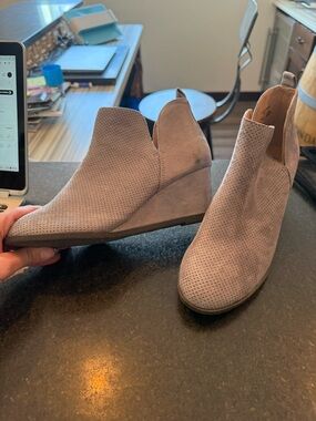 Journee Collection Taupe Perforated Suede Wedge Ankle Boots